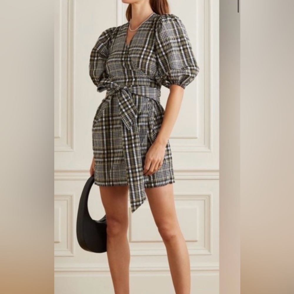 Ganni Plaid Puff-Sleeve Mini Dress